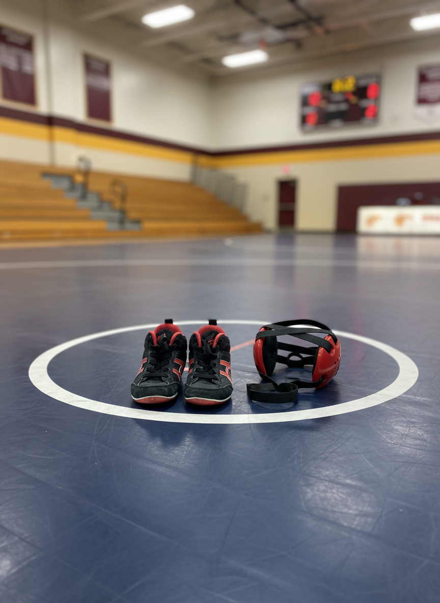 A close-up, photographic realism shot of a youth-sized wrestling mat section in rich navy blue with a crisp white circle line, the textured vinyl surface slightly worn from use. In the foreground rests a pair of small, black and red wrestling shoes and youth headgear with padded ear guards, arranged neatly as if ready for practice. The background falls into a soft bokeh of a larger gym space: blurred bleachers, wall padding in school colors, and a digital scoreboard. Overhead gym lighting creates gentle highlights and subtle shadows, giving a professional yet welcoming atmosphere. Eye-level composition with shallow depth of field emphasizes the equipment, symbolizing preparation and commitment in a youth wrestling program.
