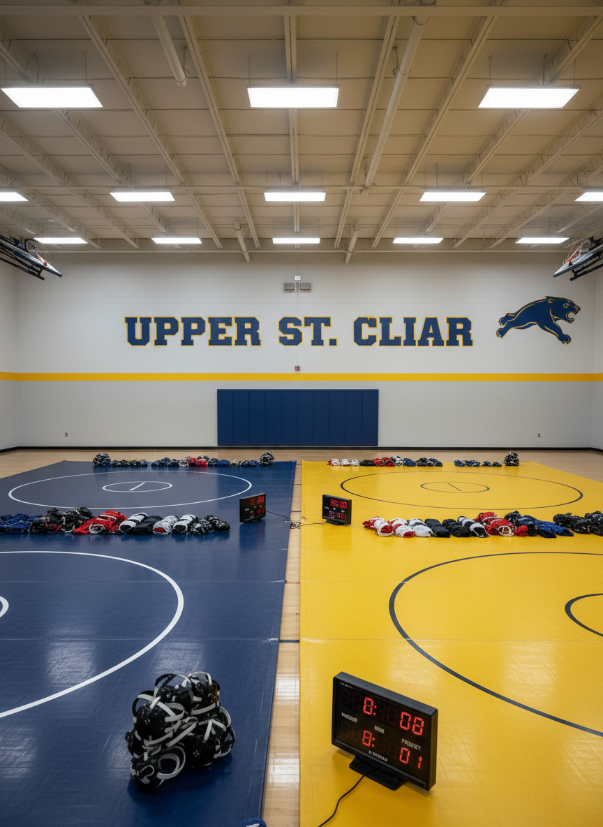 A neatly arranged youth wrestling practice space inside a modern school gymnasium, with two full-sized wrestling mats in deep navy and bright gold, clearly marked with center circles and boundary lines. Around the mats sit neatly stacked headgear, rolled singlets in black, white, and red, and a scoreboard resting idle at the edge. Overhead fluorescent lights cast even, neutral illumination, creating soft reflections on the vinyl mat surface. The Upper St. Clair name and a stylized panther logo are painted prominently on the far wall. Photographic realism at eye level, with a wide-angle composition capturing the full environment, sharp focus throughout, balanced and professional in mood, ideal for a homepage hero image for a youth wrestling program.