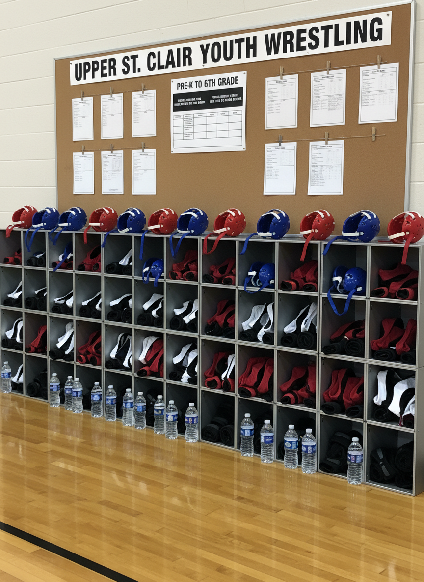 A professionally organized equipment station along the wall of a school gym, featuring open metal cubbies neatly filled with youth wrestling gear: color-coordinated headgear, folded singlets in black, white, and cardinal red, rolled knee pads, and water bottles aligned in a row. Above the station, laminated schedules and training plans are clipped to a corkboard labeled “Upper St. Clair Youth Wrestling.” The polished hardwood floor reflects soft, diffused overhead lighting, giving the scene a clean, disciplined feel. Shot in photographic realism from a slightly elevated angle, with rule-of-thirds composition and crisp detail throughout, the image conveys structure, safety, and readiness for athletes from pre-K through 6th grade.