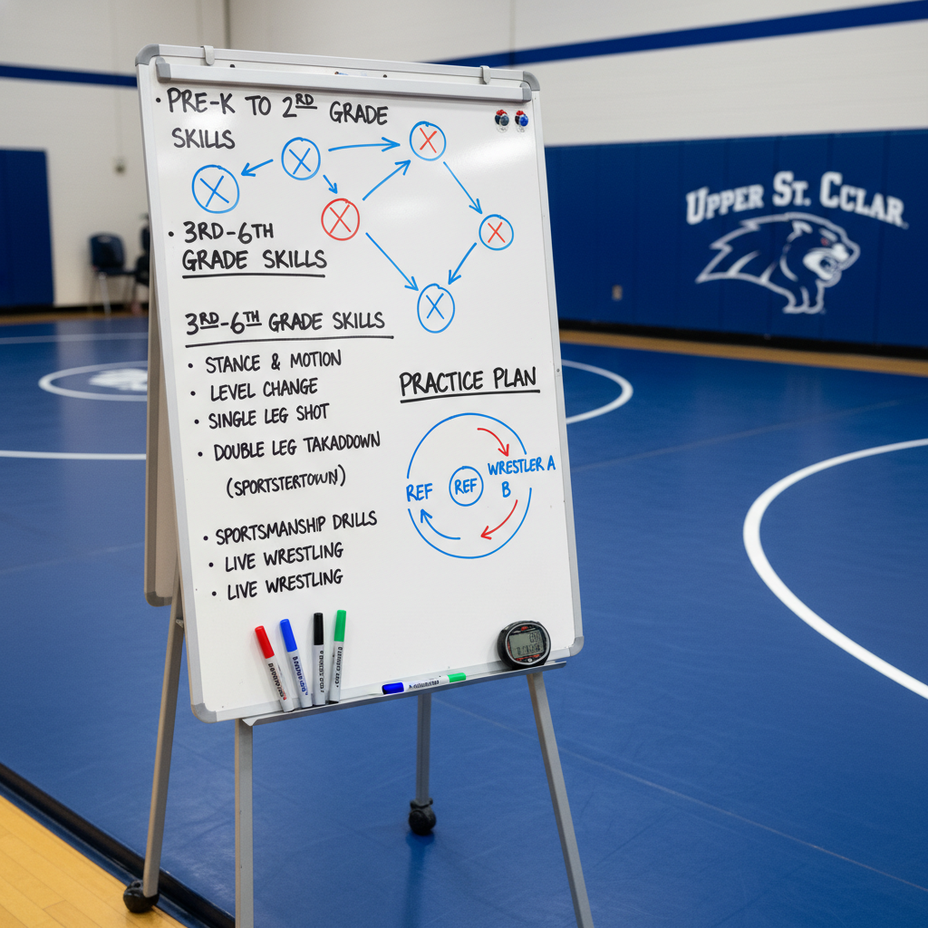 A detailed, photographic realism close-up of a wrestling strategy whiteboard on a rolling stand, placed at the edge of a school gym mat. The board is filled with clearly drawn circles representing wrestlers, arrowed takedown paths, and neatly written terms like “stance,” “shot,” and “sportsmanship,” along with a practice plan for pre-K to 6th grade skill groups. At the base, color-coded dry-erase markers and a stopwatch rest on a small tray. The blurred background shows the rich blue wrestling mat and wall padding in Upper St. Clair school colors. Soft, even indoor lighting creates a focused, instructional atmosphere, captured from a three-quarter angle to highlight both the content and its context.