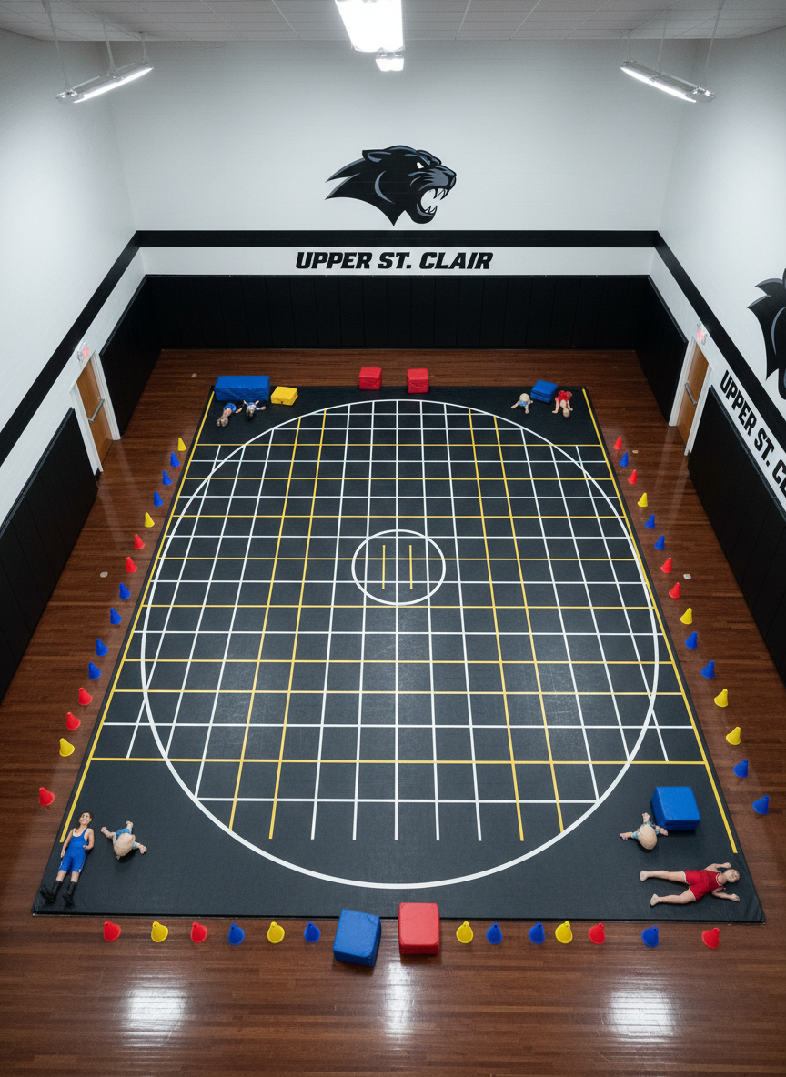 An overhead, bird’s-eye photographic realism view of a segmented wrestling mat divided into smaller practice squares, each marked with taped lines in white and yellow, designed for youth drills. Around the mat lie neatly placed foam skill blocks, lightweight training dummies, and cone markers in bright primary colors. The gym’s hardwood perimeter frames the mat, with wall padding in black and white featuring a bold panther emblem and “Upper St. Clair” lettering. Even, cool-toned gym lighting creates minimal shadows, emphasizing clarity and organization. The mood is energetic yet controlled, ideal for demonstrating age-appropriate training structure for young wrestlers in a professional youth program setting.