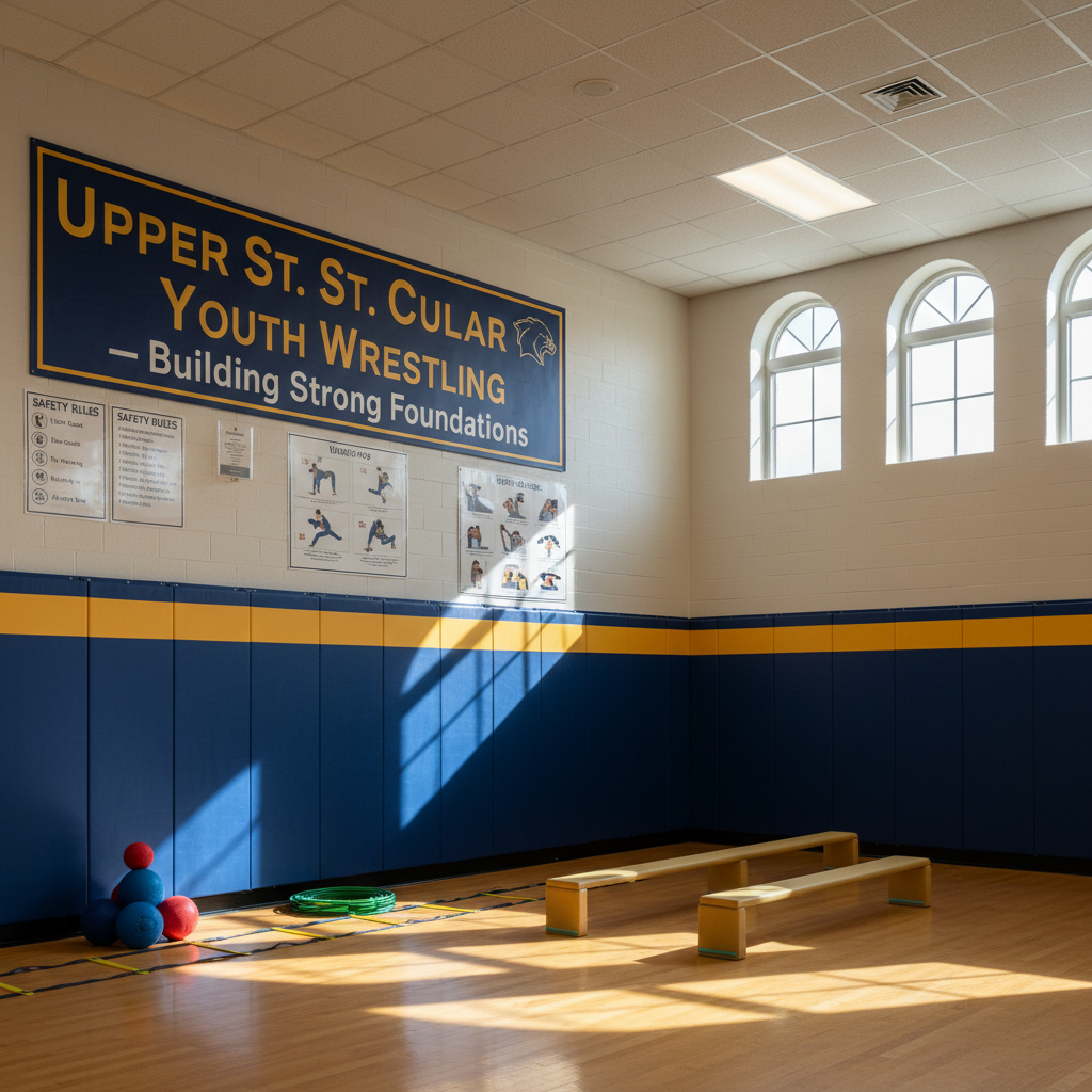 A dedicated training corner for young wrestlers inside a bright gym, featuring a thick crash mat in school colors against a wall lined with instructional posters on wrestling stances, safety rules, and stretching routines. Lightweight foam balance beams, agility ladders coiled neatly, and soft medicine balls are arranged in an orderly fashion on the polished floor. A large banner above reads “Upper St. Clair Youth Wrestling – Building Strong Foundations,” in bold, professional typography. Diffused overhead lighting and a hint of natural light from high windows create a welcoming, secure atmosphere. Photographic realism from a wide, slightly low angle emphasizes the equipment and educational focus, ideal for illustrating beginner-friendly training for pre-K to 6th grade.