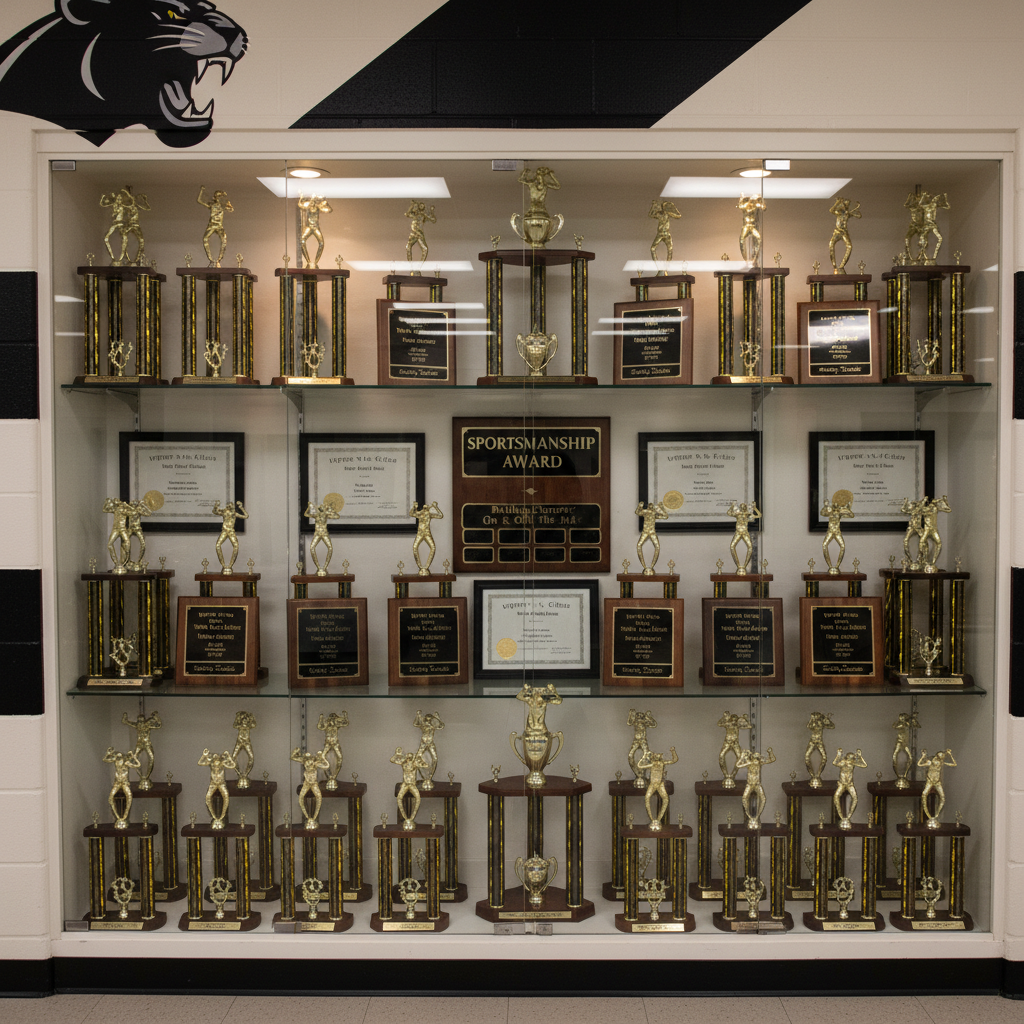 A trophy display case in a clean school hallway, rendered in photographic realism, filled with youth-sized wrestling trophies and plaques engraved with “Upper St. Clair Youth Wrestling” and various tournament names. Gold and silver figures of wrestlers in classic poses stand on polished wooden bases, surrounded by neatly framed team certificates and a large, central plaque recognizing sportsmanship. The glass case reflects the soft, warm overhead lighting of the corridor, and the nearby wall features the school’s panther logo and black-and-white color scheme. Shot at eye level with slight perspective depth, the composition balances the case and surrounding wall, creating a proud yet professional mood that highlights achievement and tradition for young athletes.